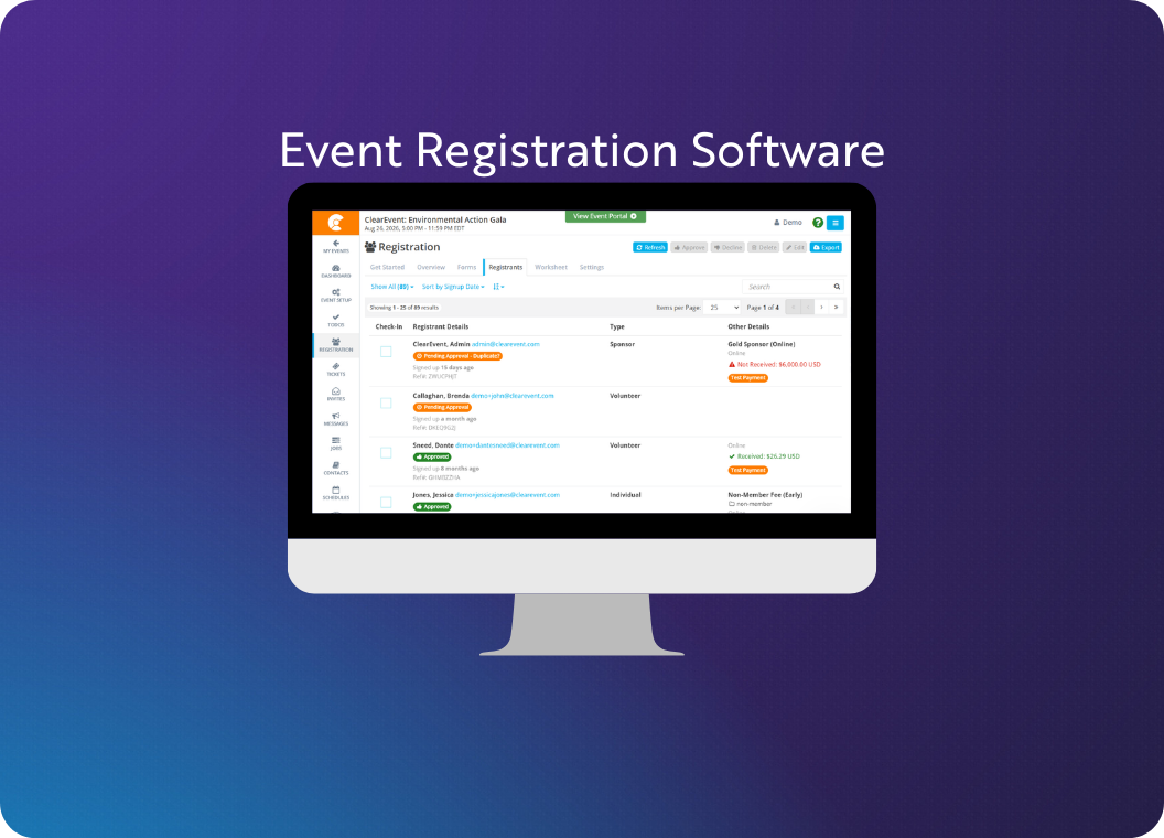 ClearEvent Online Event Registration Software displayed on a desktop screen.
