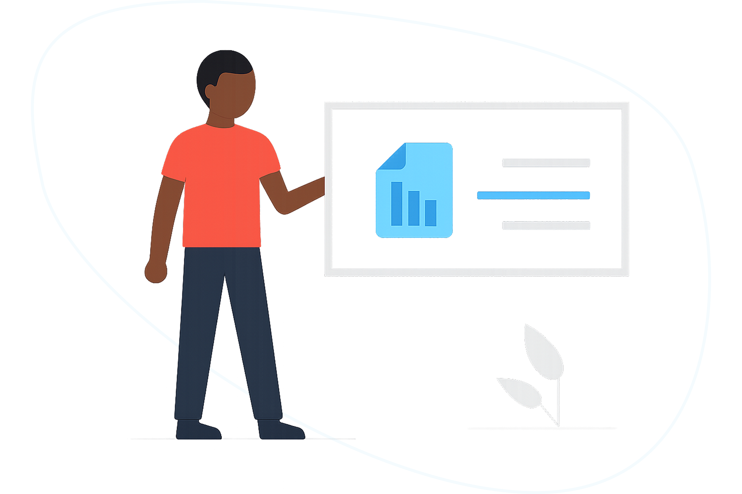 Man standing and presenting data on a large monitor with charts.