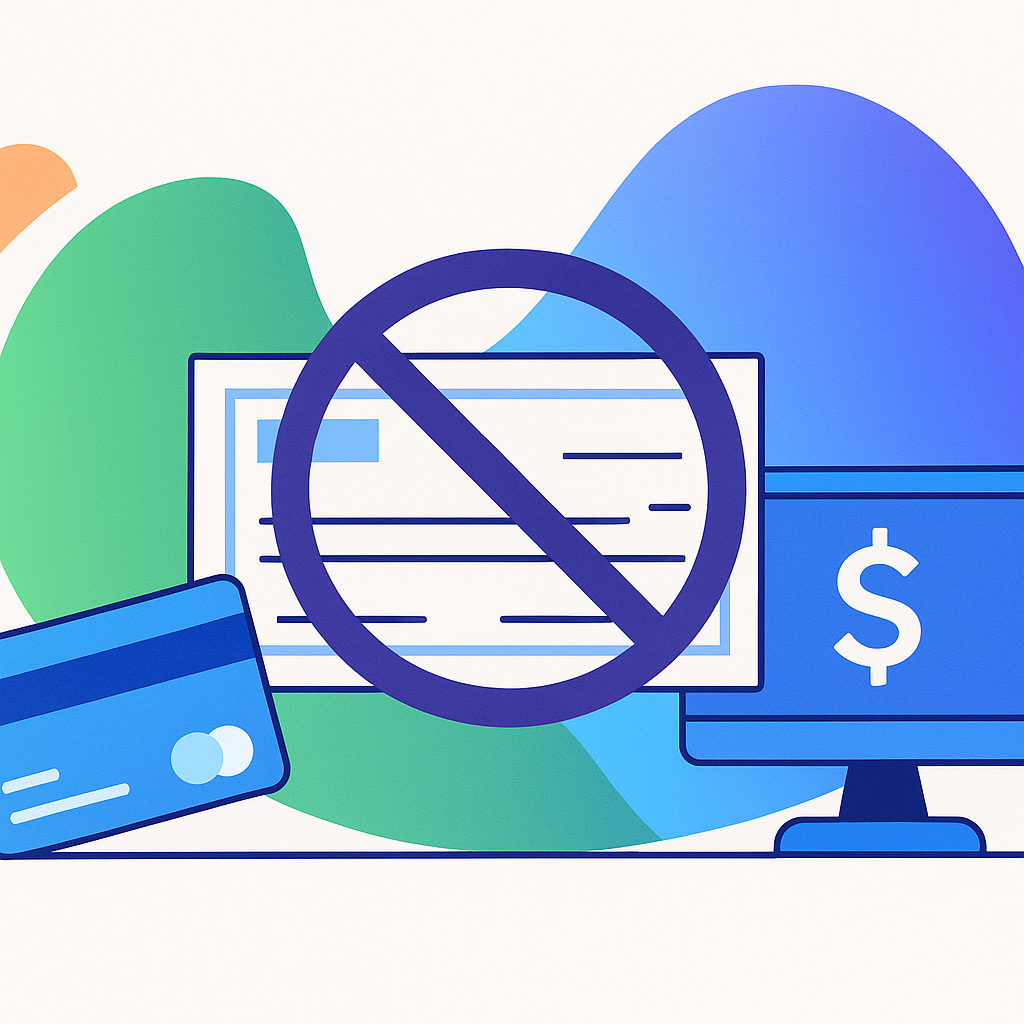 Illustration showing a paper check crossed out with a purple “no” symbol, alongside a credit card and computer monitor with a dollar sign, set against abstract gradient shapes in blue, green, and purple to represent replacing check payments with secure online event payments.