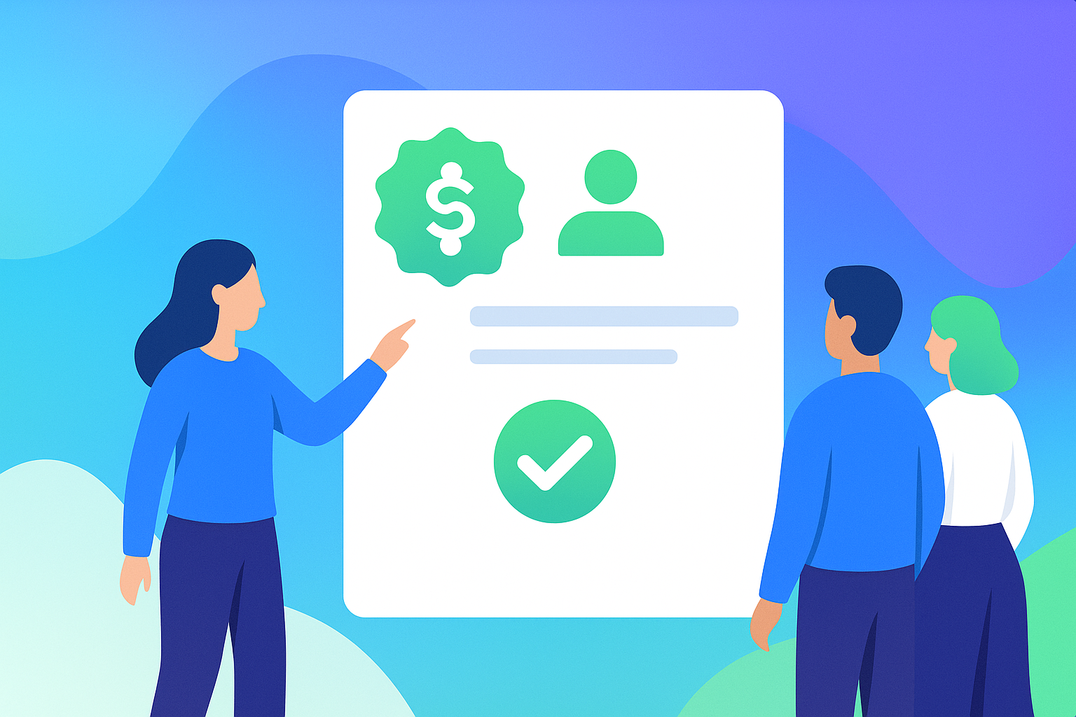 Illustration showing three people looking at a large sponsor board. One woman points at the board, which displays an abstract sponsor logo with a dollar sign icon, a profile symbol, and a green checkmark. The background features smooth blue, purple, and green gradients with abstract shapes.