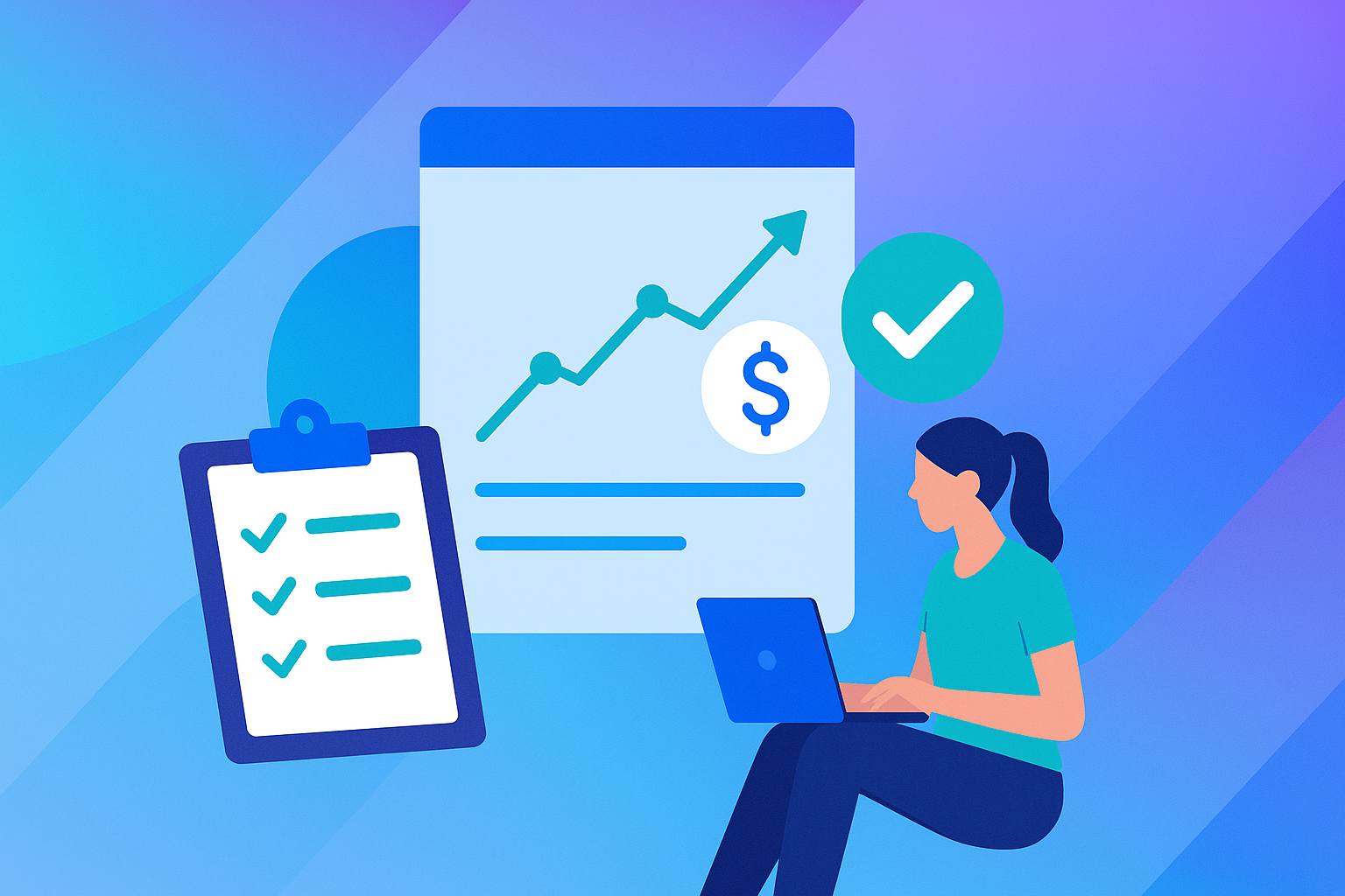 Illustration showing a woman working on a laptop beside a rising line graph with a dollar sign, a checklist clipboard, and a large checkmark icon, symbolizing event ROI measurement and tracking.