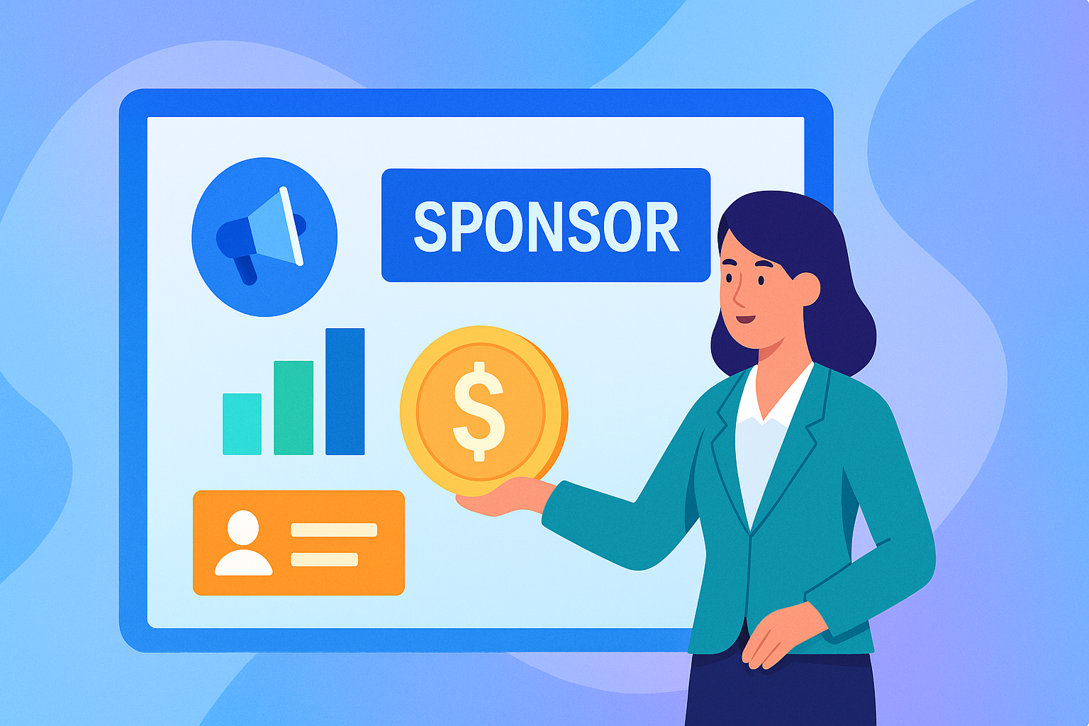 Illustration of a woman in a green blazer holding a gold coin with a dollar sign, standing beside a presentation board showing sponsorship icons including a megaphone, bar chart, ID card, and the word “SPONSOR,” set against a light gradient background.
