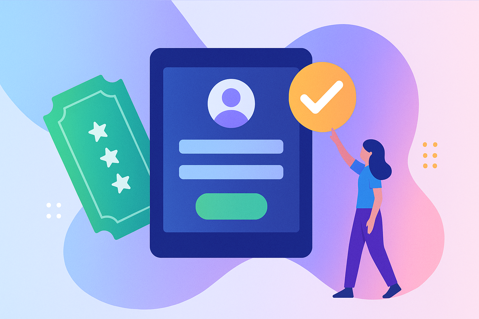 Illustration showing a green event ticket, a digital registration form on a tablet, and a woman reaching toward a large yellow checkmark. The background features abstract gradient shapes in blue, purple, and pink for a modern, professional look.