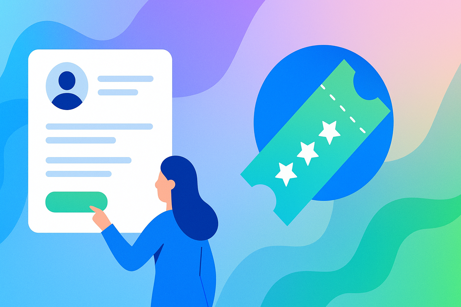 Illustration showing the concept of event registration versus ticketing. On the left, a person interacts with a digital registration form featuring profile details. On the right, a stylized green event ticket with stars appears inside a blue circle.