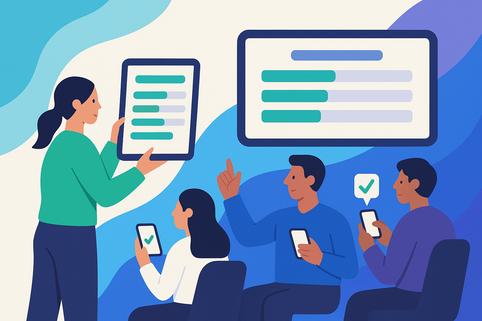 Illustration of a presenter holding a tablet showing live poll results while three attendees use smartphones to participate, with a large screen behind them displaying poll outcomes, set against an abstract gradient background in blue and green tones.