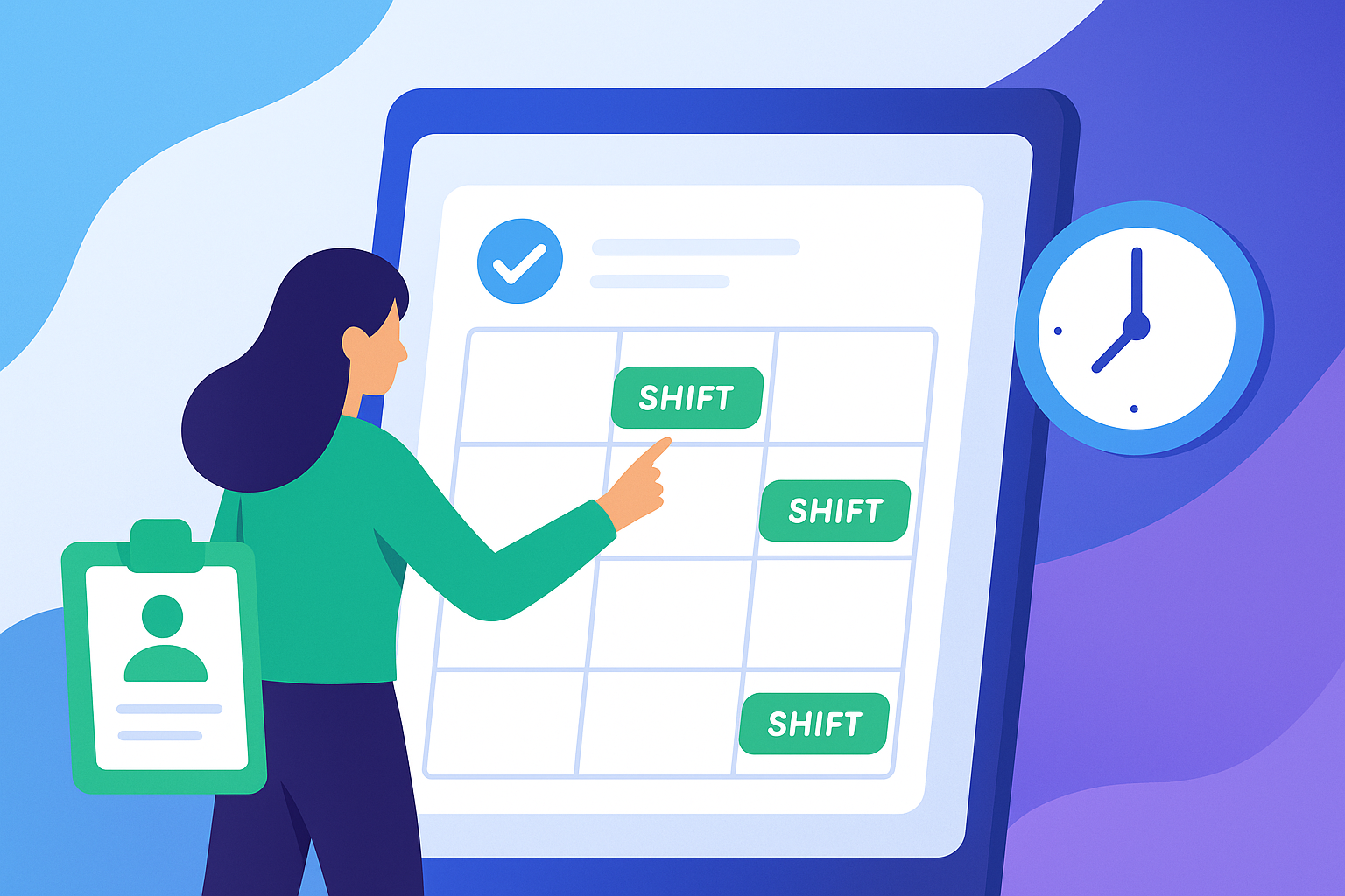 Illustration of an event staff manager pointing at a digital shift schedule on a large tablet, with a clipboard and clock symbolizing organization and time management. Abstract gradient background in blue, green, and purple tones.
