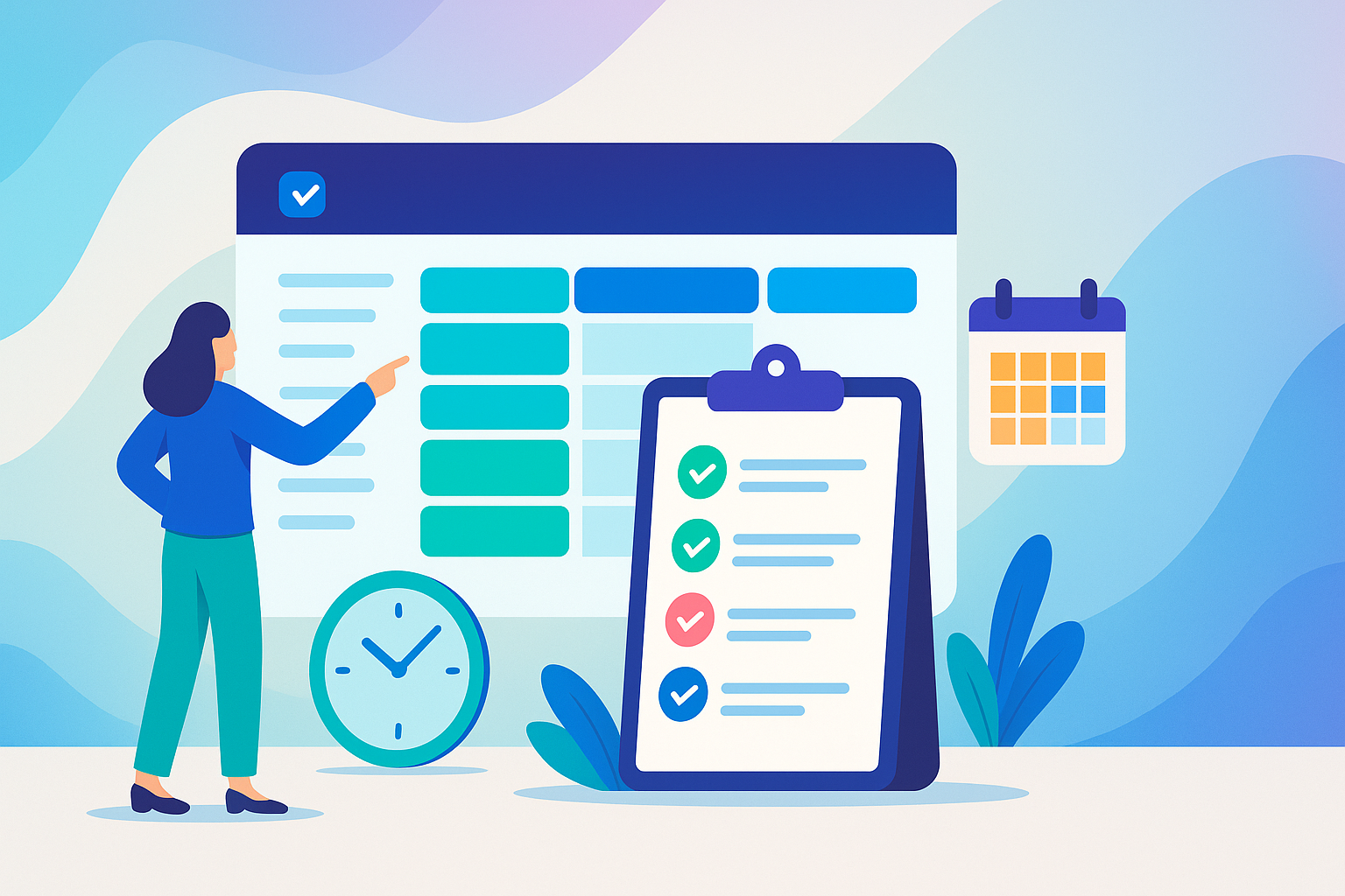 Illustration of a woman pointing at a large digital event schedule with time blocks, alongside a checklist clipboard, wall calendar, and clock, symbolizing organized event planning.