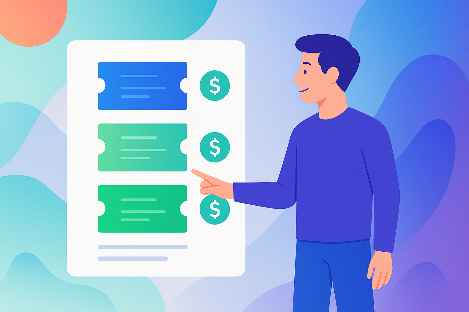 Illustration of a man standing beside a digital screen displaying tiered event tickets in blue and green, representing different pricing levels