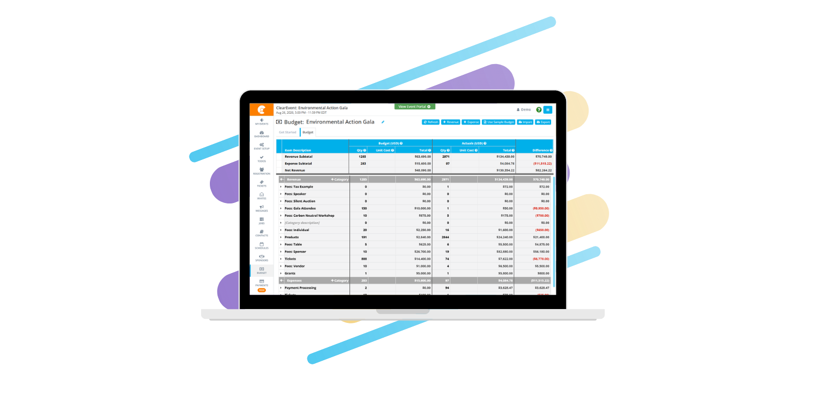 ClearEvent Event Budget Management Software is shown on a laptop screen.