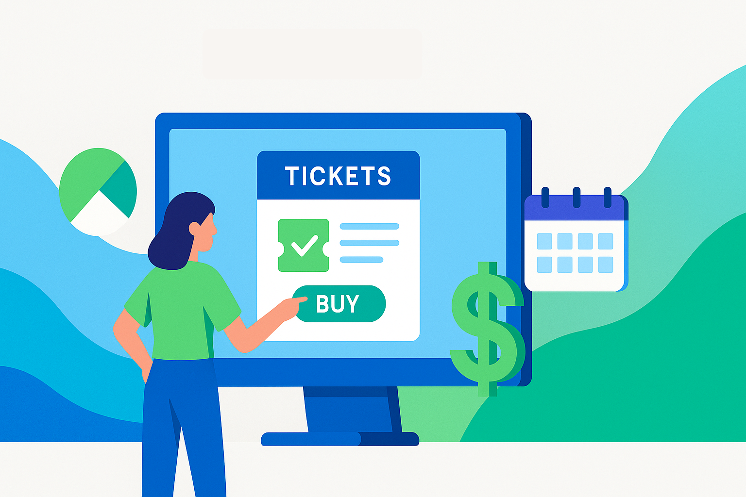 Illustration of a fast ticket buying prompt on a computer monitor screen.