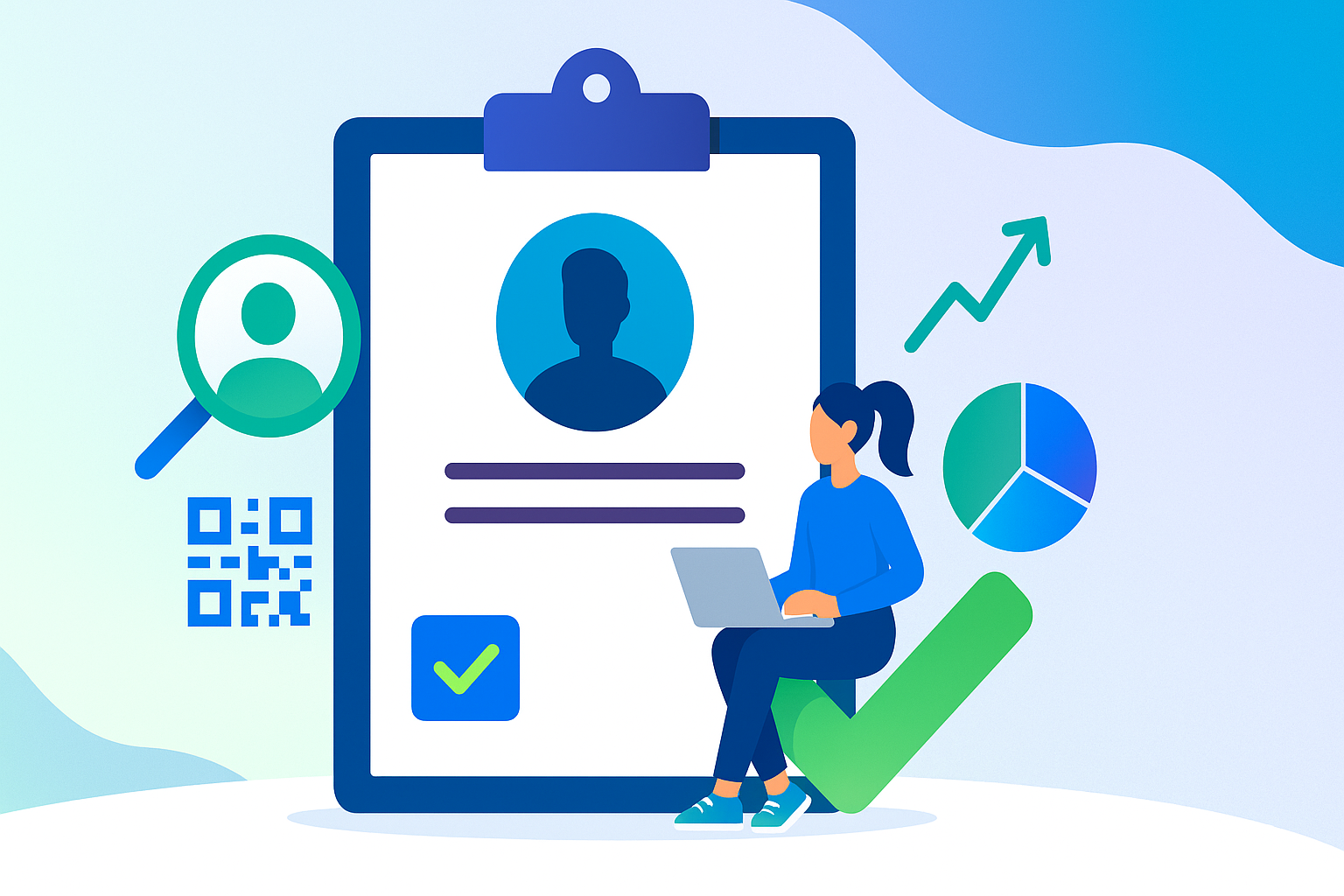 Illustration of event lead capture showing a clipboard with a profile card, QR code, and magnifying glass, alongside charts and a woman using a laptop, symbolizing data export and exhibitor lead capture.