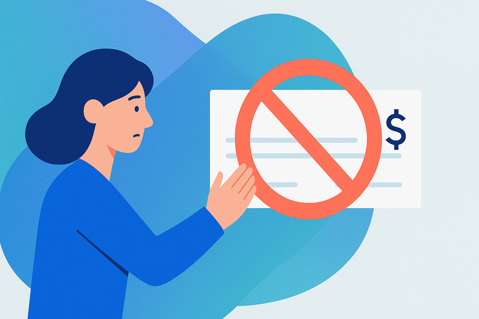 Illustration of a woman pushing away a paper check marked with a red prohibition symbol, symbolizing the rejection of check payments.