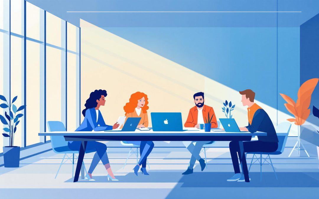 Illustration of four professionals collaborating around a conference table with laptops and documents in a modern office setting, symbolizing teamwork and event planning.