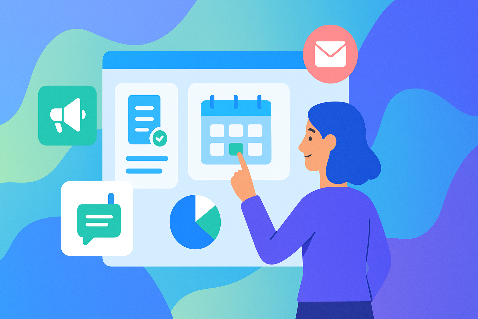 Illustration of a woman interacting with an event planning dashboard, featuring icons for calendar, communication, registration forms, and analytics, set against an abstract gradient background in ClearEvent brand colors.