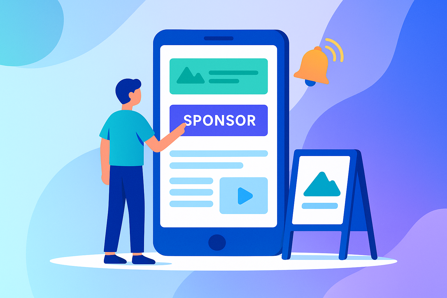 Illustration showing a person interacting with a large smartphone displaying sponsor-related content, surrounded by abstract shapes and icons, symbolizing sponsor promotion and visibility through an event app.