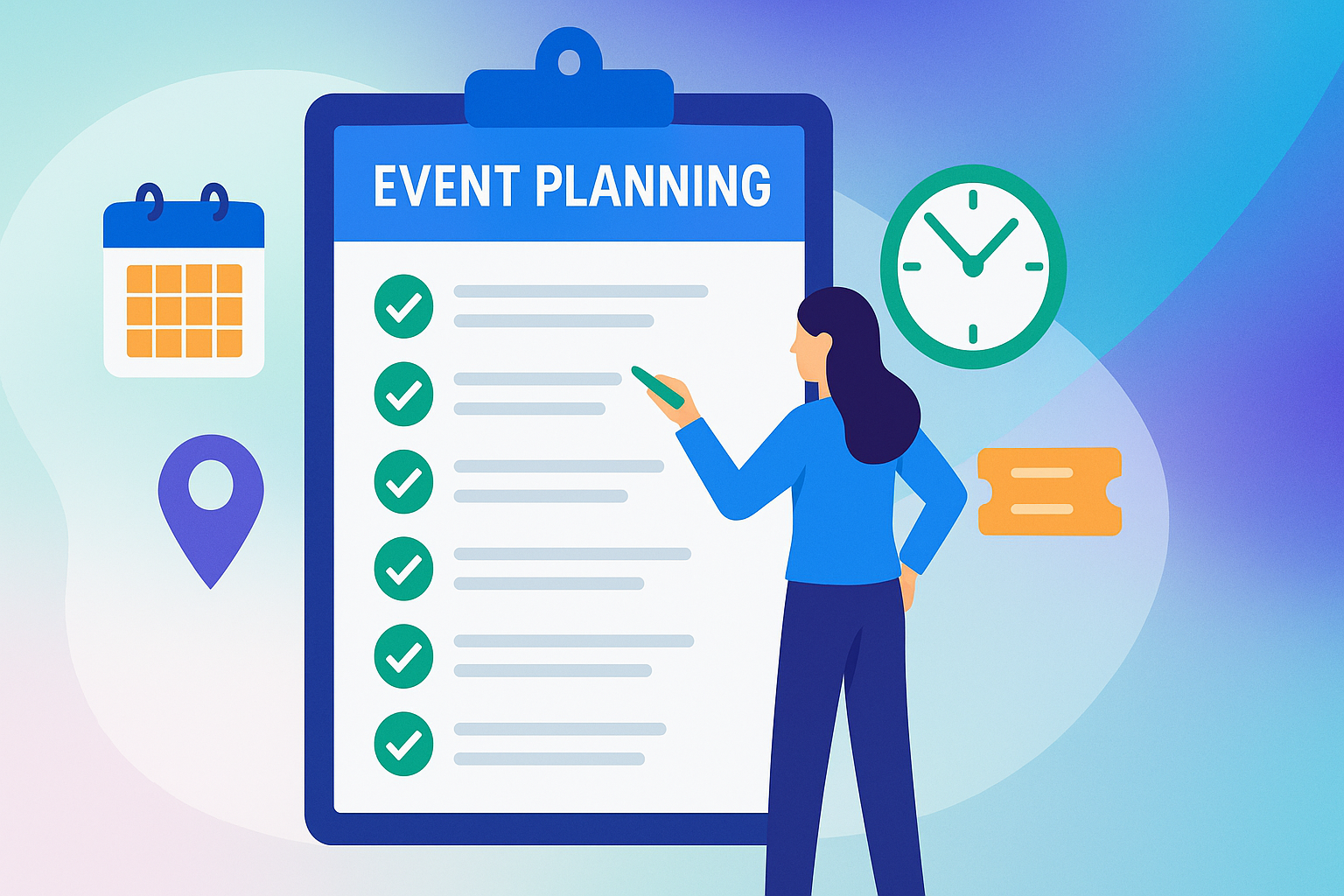 Illustration of a woman checking off tasks on a large event planning checklist clipboard, surrounded by icons of a calendar, location pin, clock, and ticket.