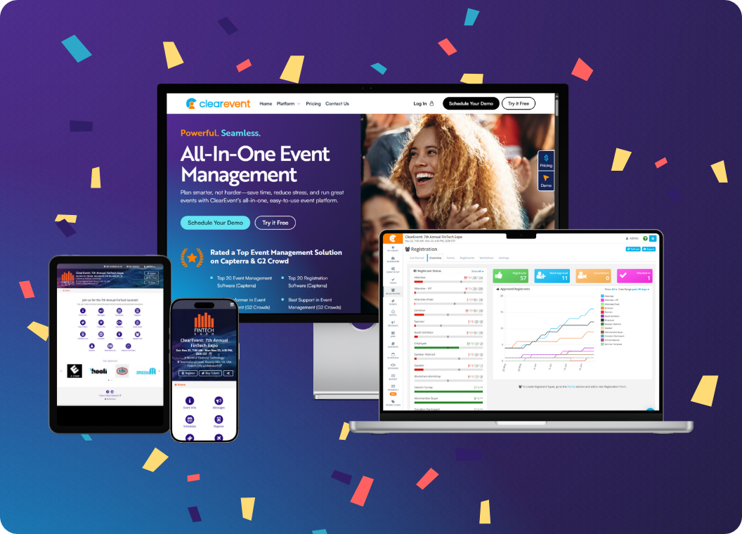 ClearEvent event management software dashboards, schedules, and event tools displayed across desktop, laptop, tablet, and mobile devices.
