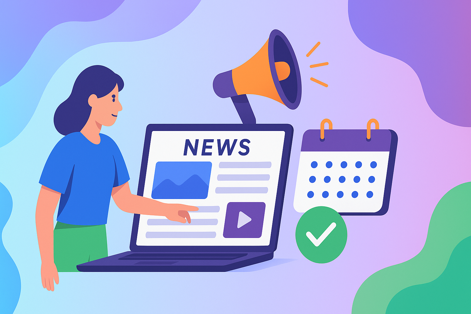 Illustration of a woman pointing at a laptop screen showing a “NEWS” page, with a calendar and megaphone icon nearby, set against a colorful abstract gradient background.