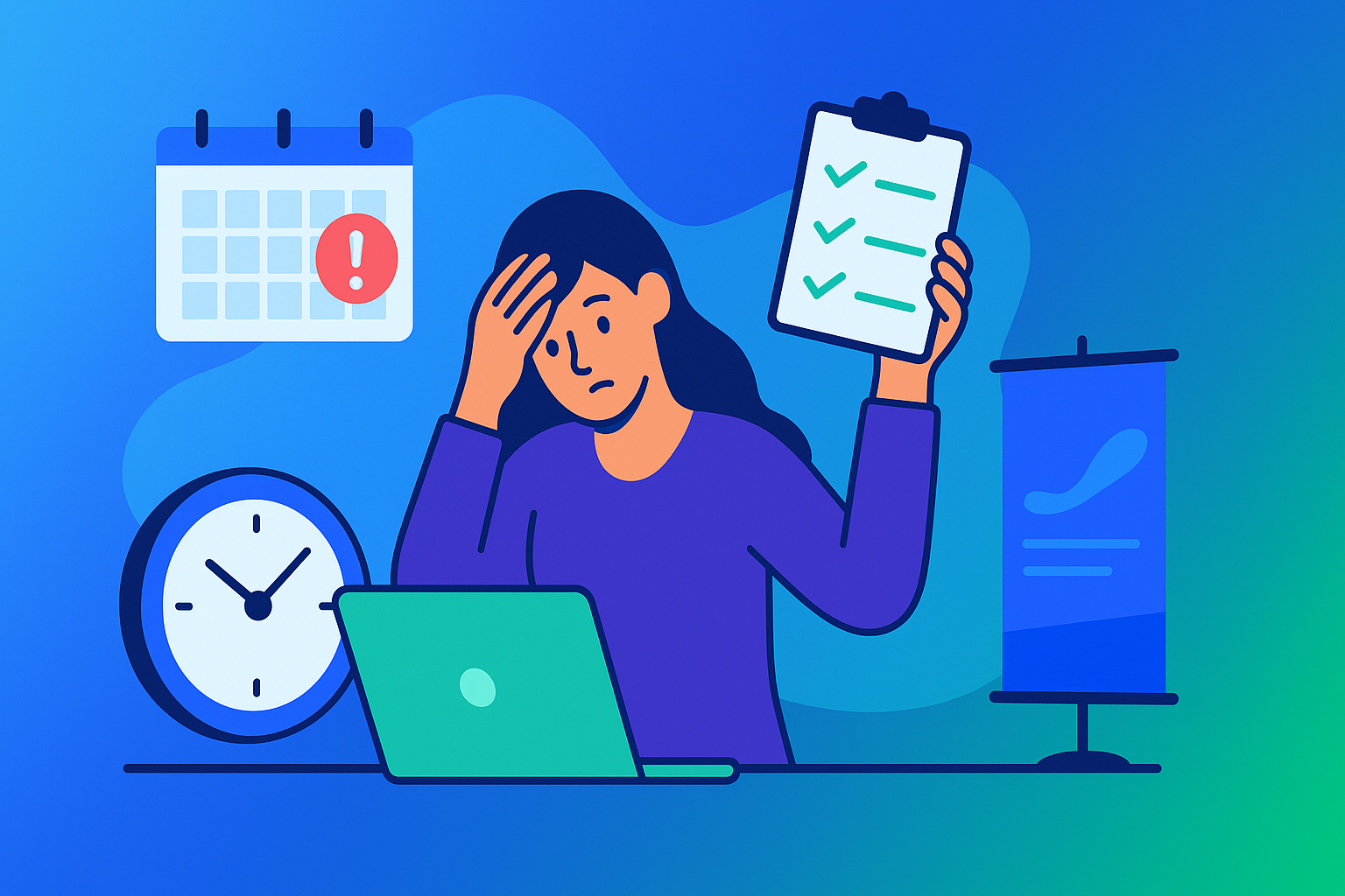 illustration of a stressed event planner at a desk with a laptop, holding a checklist and touching her head, surrounded by a calendar with a deadline alert, a large clock, and abstract gradient shapes in blue and green.