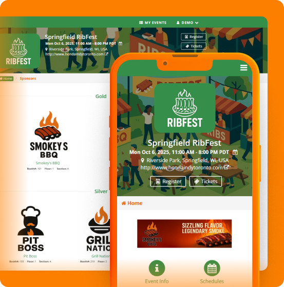 Desktop and mobile screenshots of the Springfield RibFest Event Portal, showing the event header with date, location, and register/tickets buttons, alongside a sponsor section displaying logos for various event sponsors.