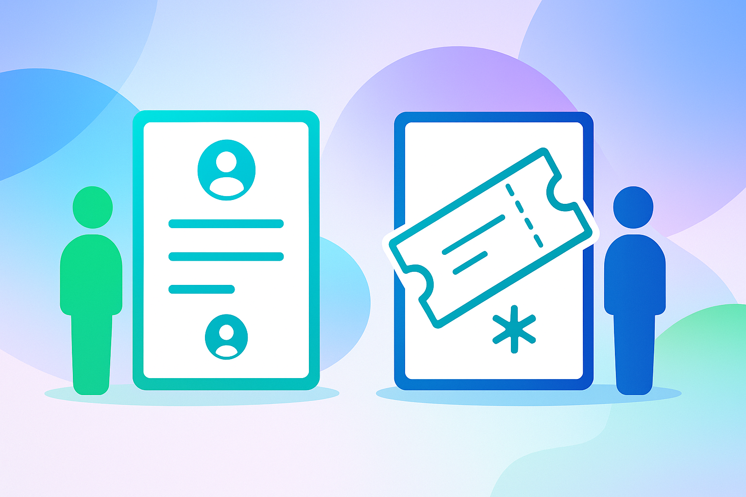 Illustration showing two simplified human figures beside large icons: on the left, a registration form with profile symbols; on the right, a ticket with a perforated edge. Abstract shapes and gradients in blue, green, and purple create a clean, modern background.