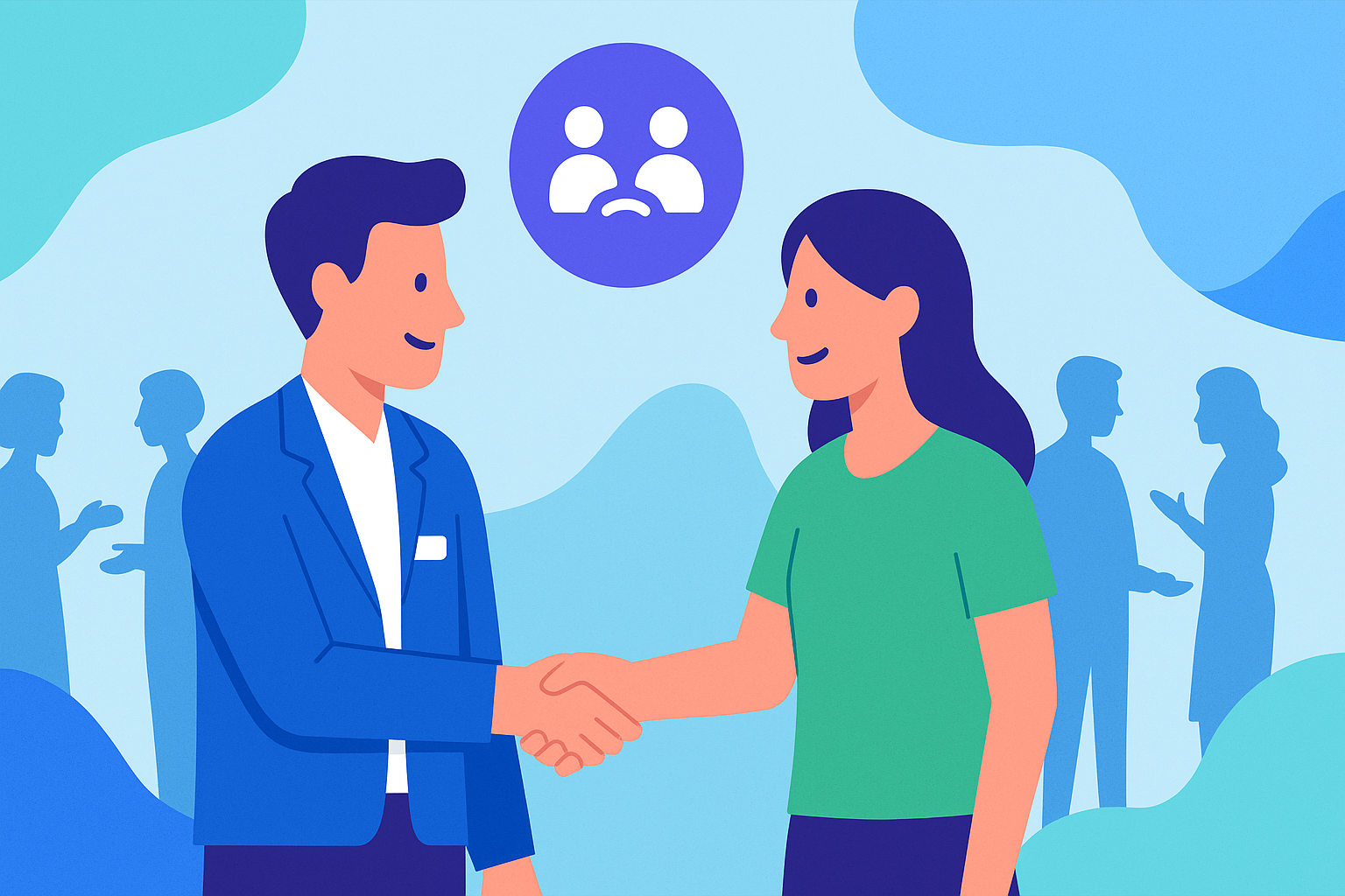 Illustration of two event attendees shaking hands in the foreground, symbolizing networking, with abstract shapes and silhouettes of other people conversing in the background.