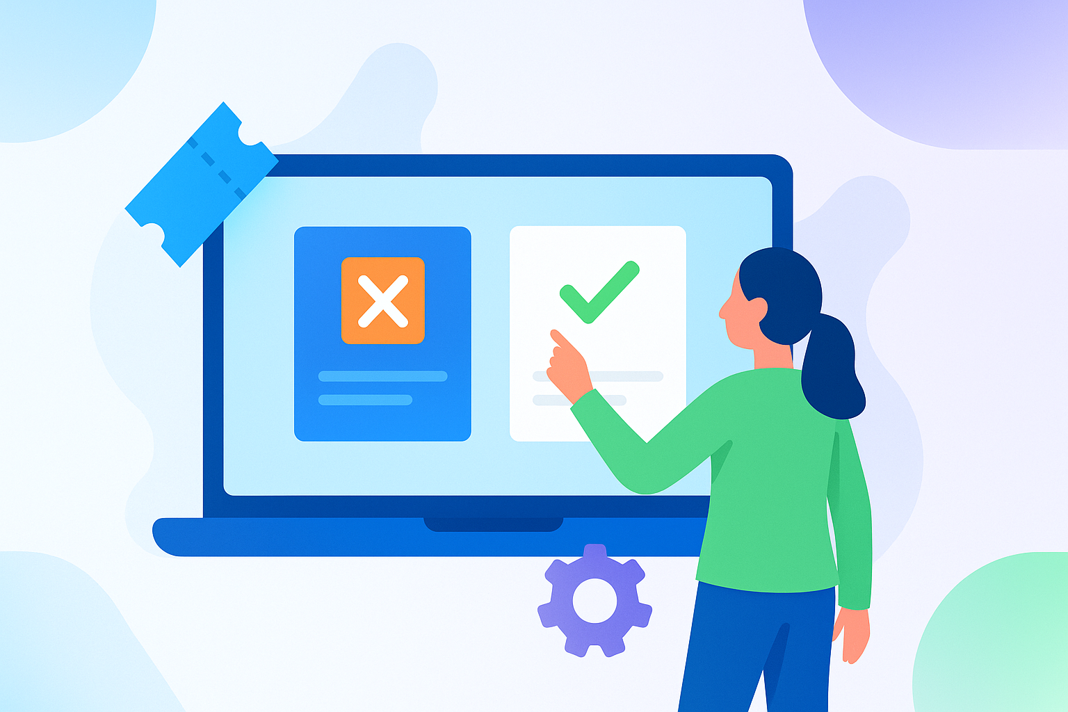 Illustration of a woman standing in front of a laptop screen, choosing between two options. One option shows an orange X, while the other shows a green checkmark. A ticket icon and gear symbol reinforce the theme of selecting the right system for tickets and registration, with abstract gradient shapes in the background.