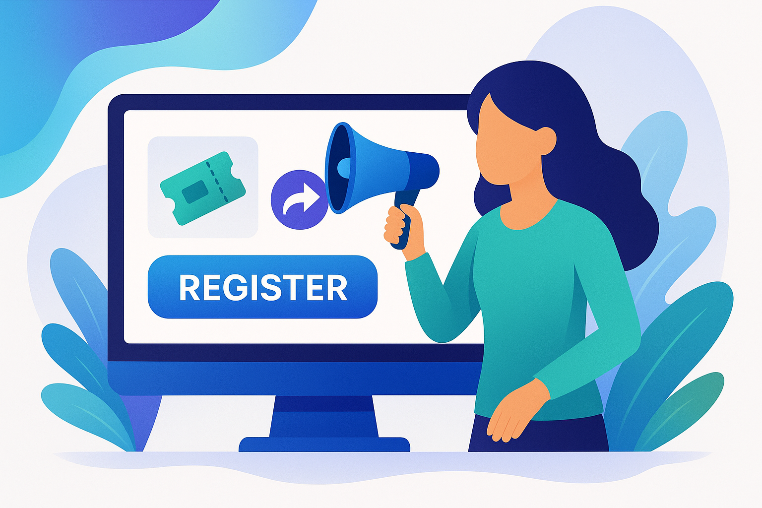 Illustration of a woman holding a megaphone beside a computer monitor displaying a large “Register” button, ticket icon, and share symbol, representing event promotion and online attendee registration.