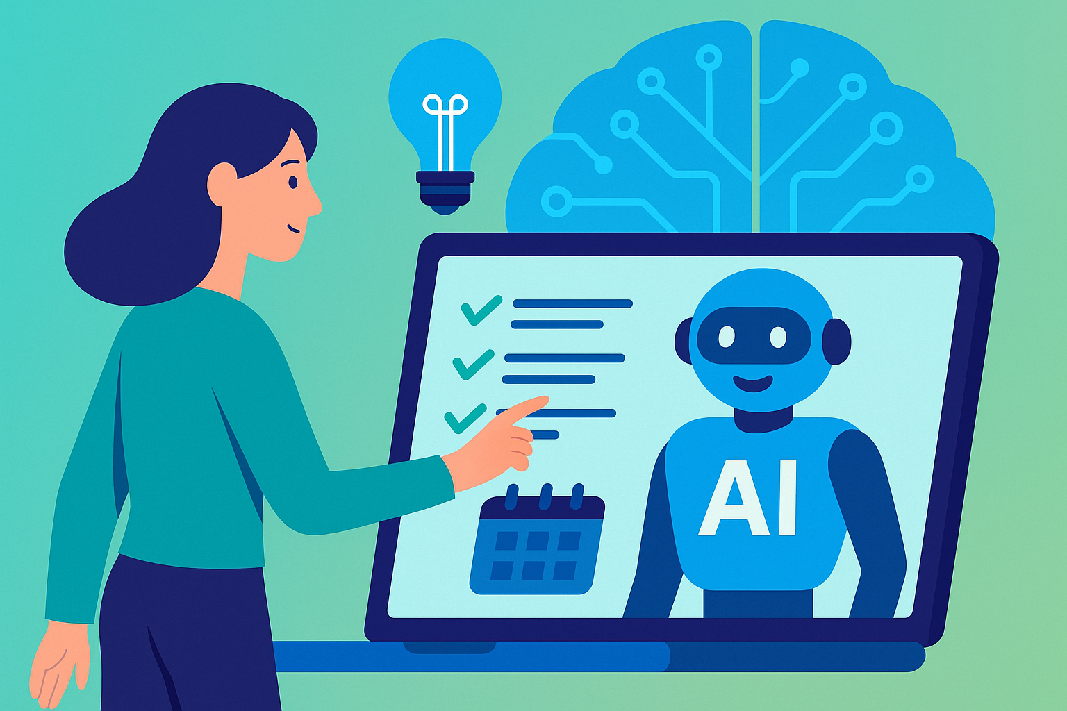 Illustration of a woman interacting with AI for event management, pointing at a laptop screen displaying a checklist, calendar icon, and a friendly AI robot, with a glowing neural network brain and lightbulb symbol in the background.