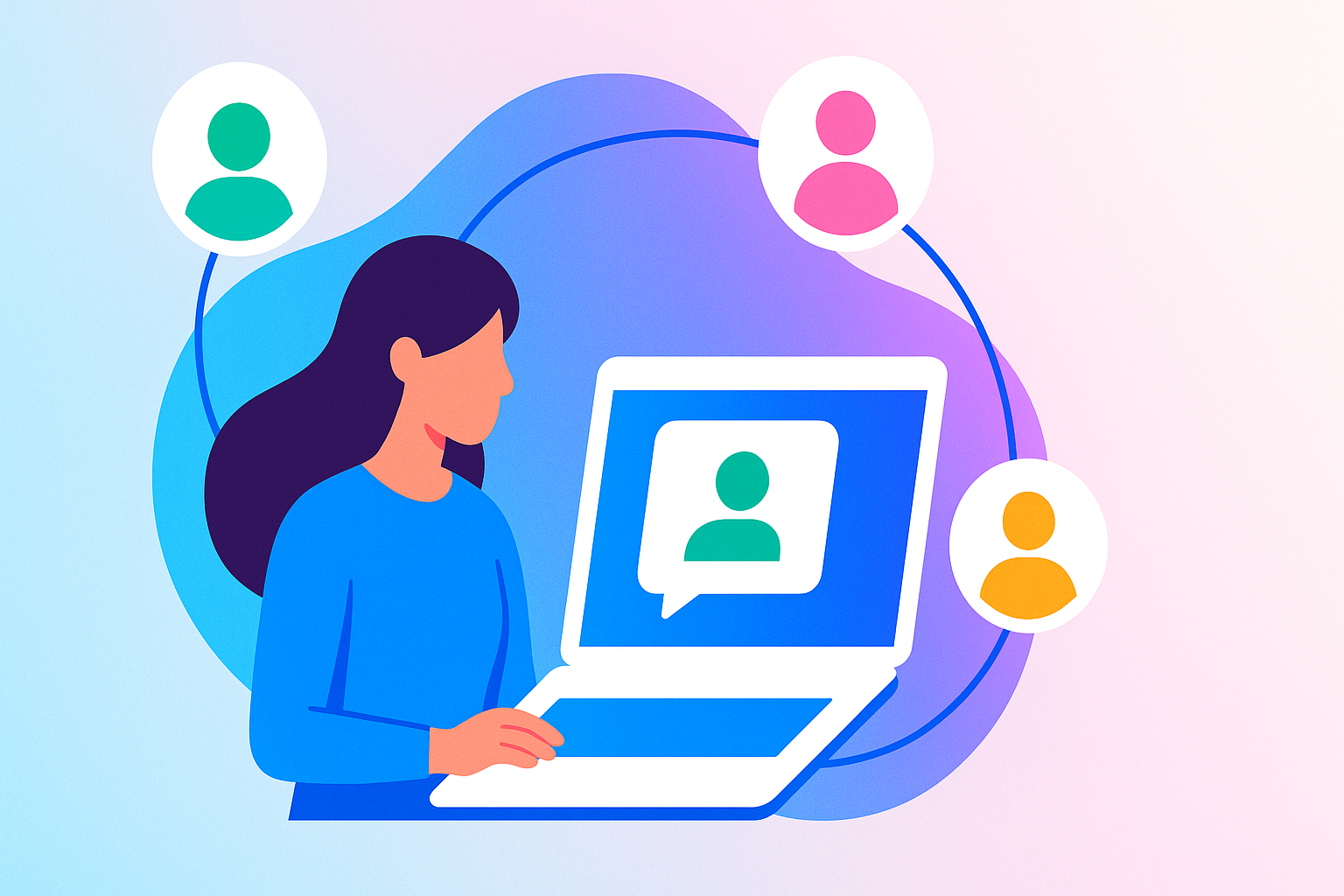 Illustration of a woman using a laptop with profile icons connected by lines around her, symbolizing event community building and attendee engagement, on a gradient blue and purple background.