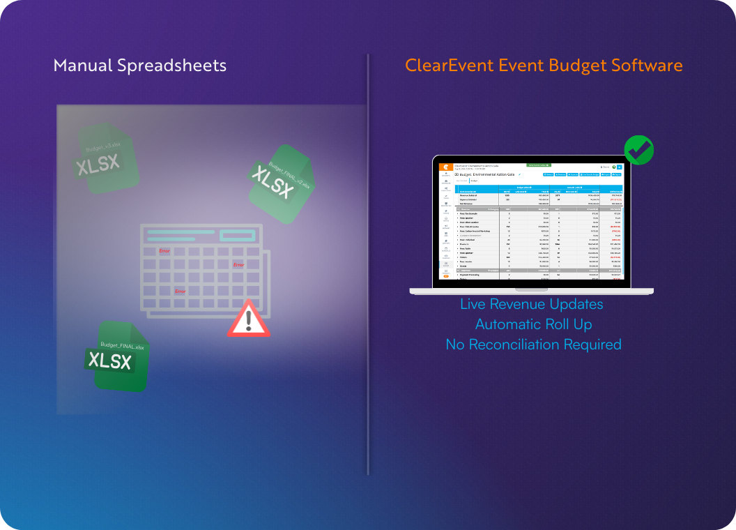 Comparison between manual event budget spreadsheets and ClearEvent event budget software showing automated revenue updates and roll up reporting.