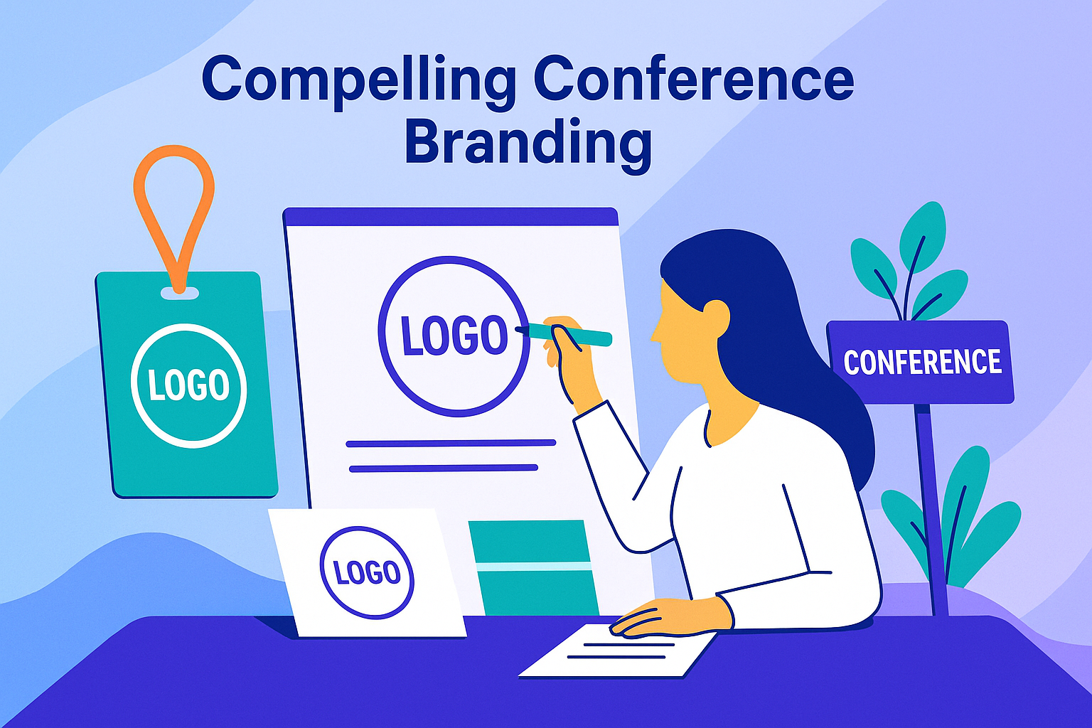 Illustration of a designer creating conference branding materials, including a logo on a presentation board, color palette, conference signage, and lanyard badge, set against an abstract blue and purple gradient background.