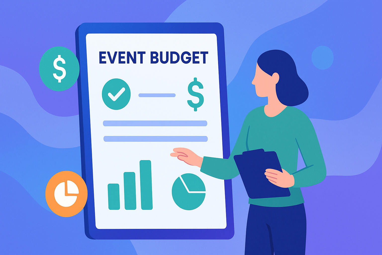 Illustration of a woman holding a clipboard and pointing to a large digital screen labeled “Event Budget,” displaying graphs, charts, and financial icons, in modern gradient tones of blue, green, and purple.