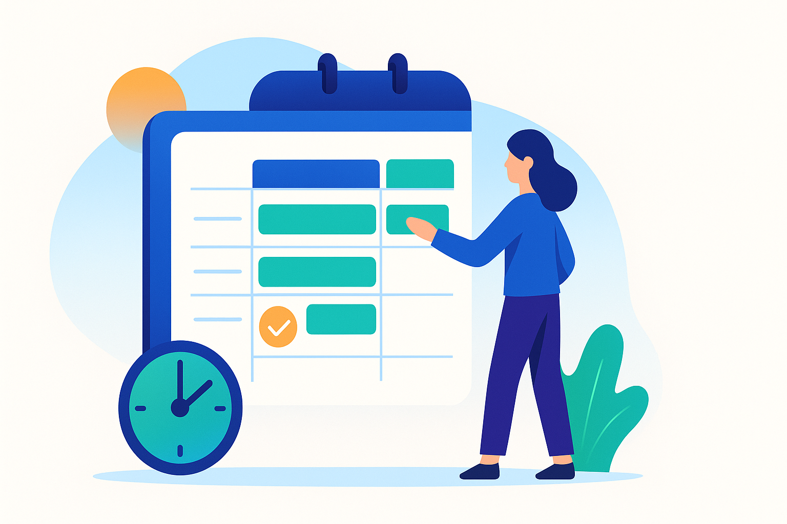 Illustration of a woman interacting with a large digital conference calendar. The calendar shows multiple colored event blocks, with a clock icon in the foreground and abstract gradient shapes in the background, representing organized multi-day conference scheduling.