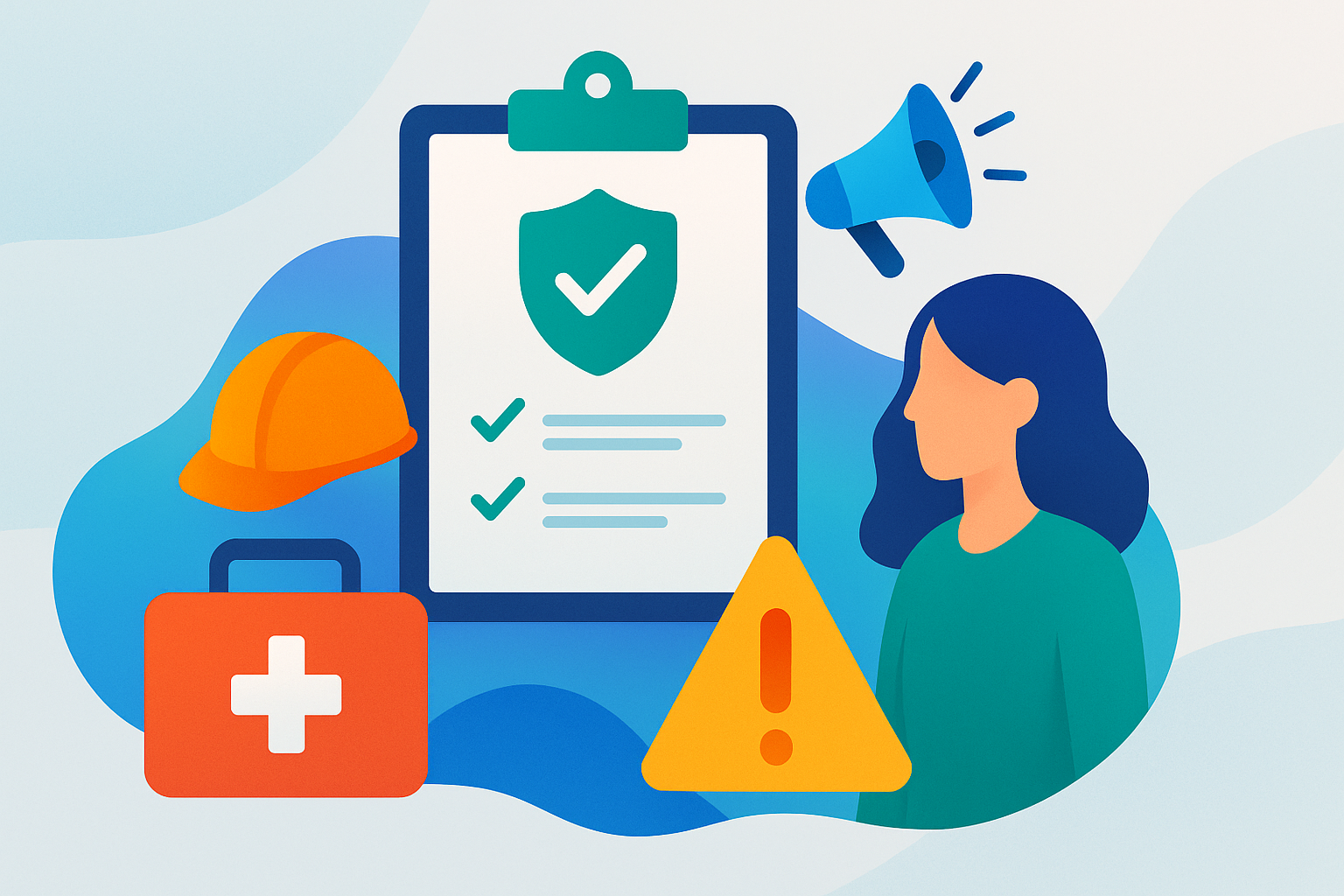 Illustration of event emergency preparedness, showing a clipboard with a safety checklist, shield icon, warning triangle, first-aid kit, hard hat, megaphone, and a person figure, set against abstract gradient shapes in blue and green tones.