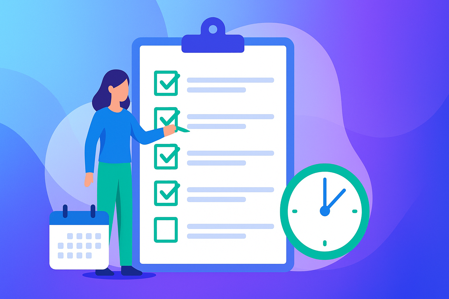 Illustration of a woman checking off items on a large event planning checklist, with a calendar and clock icons beside her, symbolizing organization, task management, and time planning.