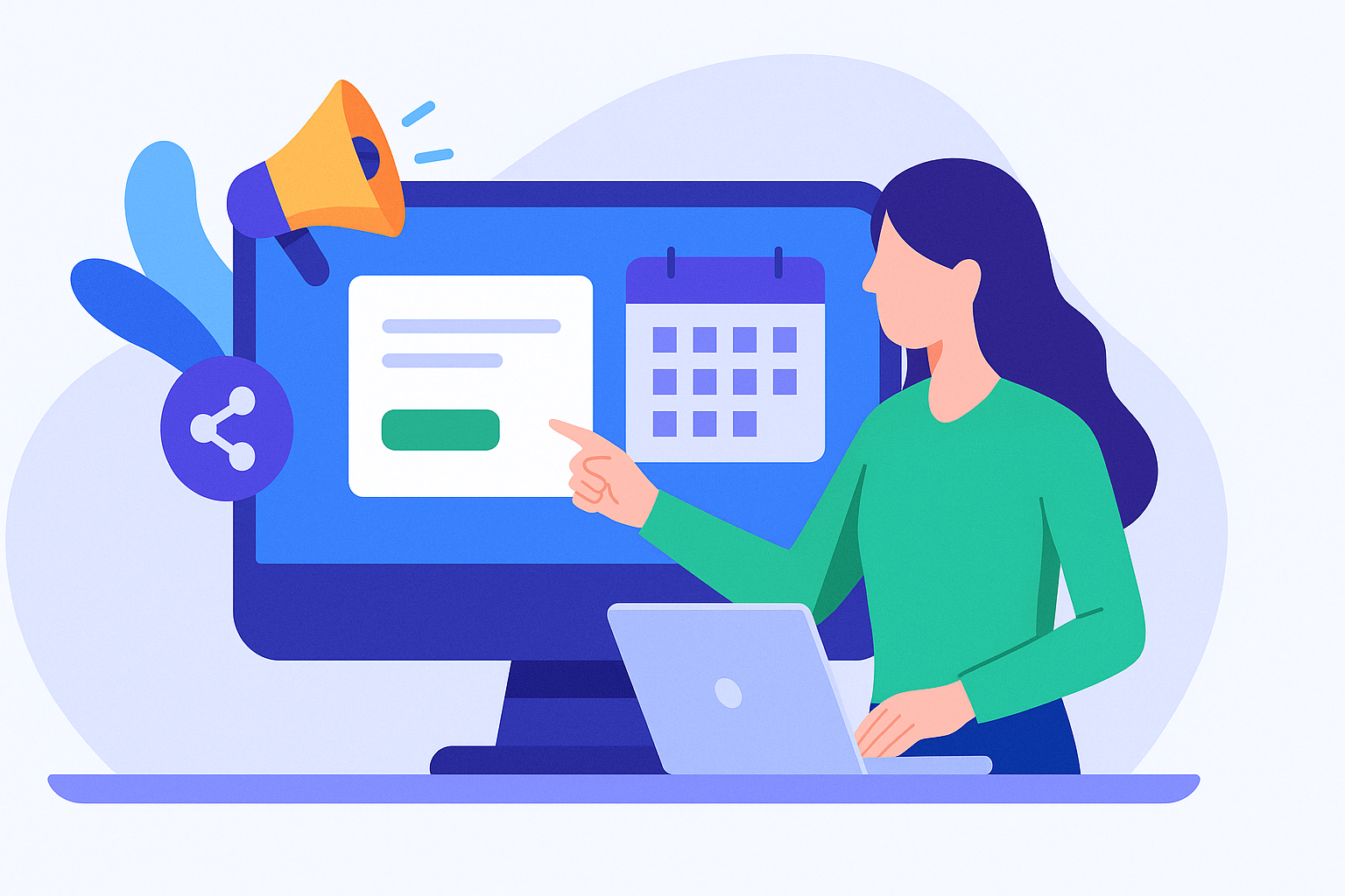 Illustration of a woman using a laptop while pointing at a large computer screen displaying an event calendar and registration form, with icons for social sharing and promotion, representing event promotion strategies.