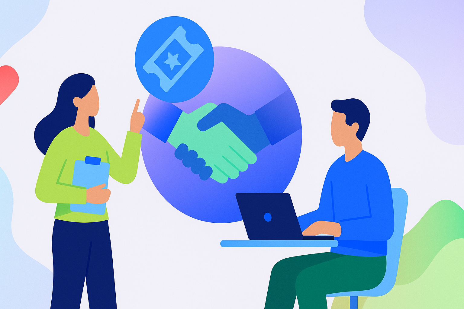 Illustration of two professionals collaborating, with a handshake and ticket icon symbolizing partnership in event ticketing. Bright gradients and abstract shapes emphasize teamwork and event management.