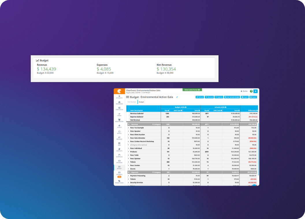 Example images of ClearEvent Event Budget rolling up totals viewing on a tablet and zoomed in excerpt.